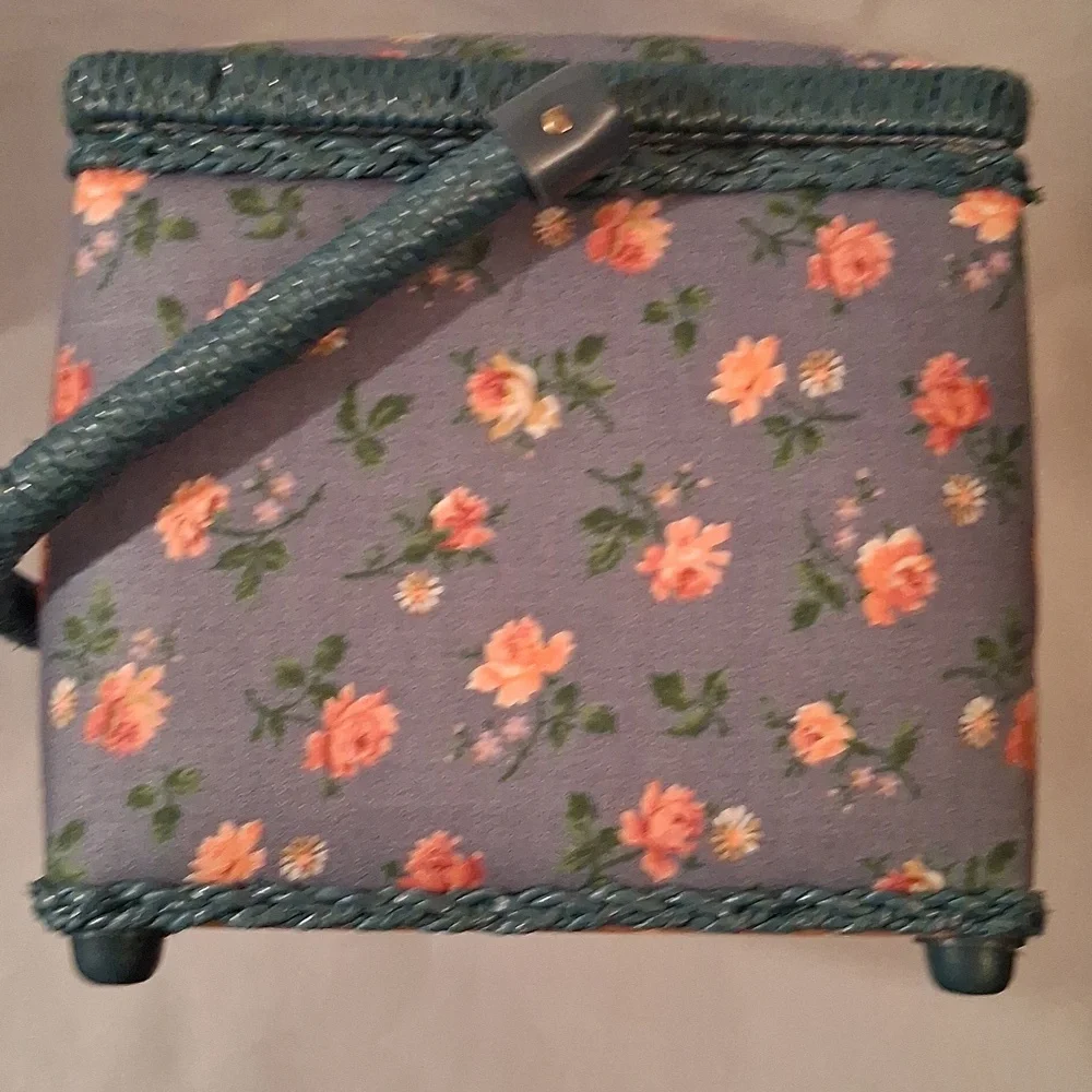 Sewing Basket covered w padded blue/pink floral fabric-sz 11 1/2 x 7 x 6 1/2 in.